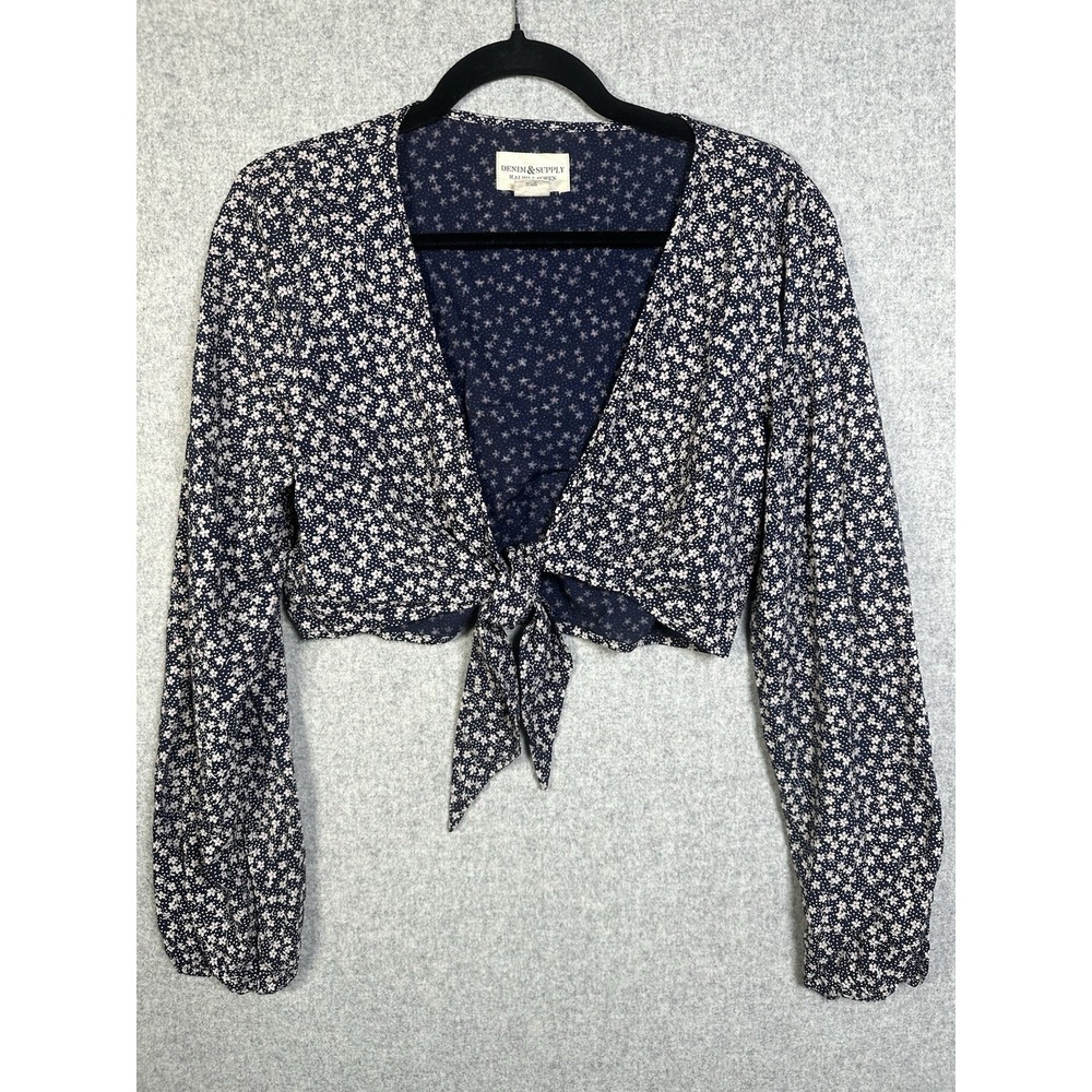 Denim‎ & Supply Ralph Lauren Womens Top Large Blue Floral Cropped Blouse Tie